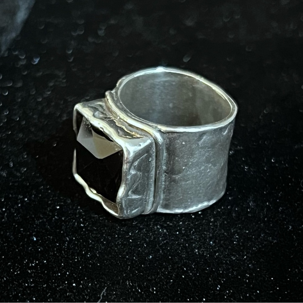 Silpada Smokey Quartz stone in a hammered oxidized silver cigar band ring